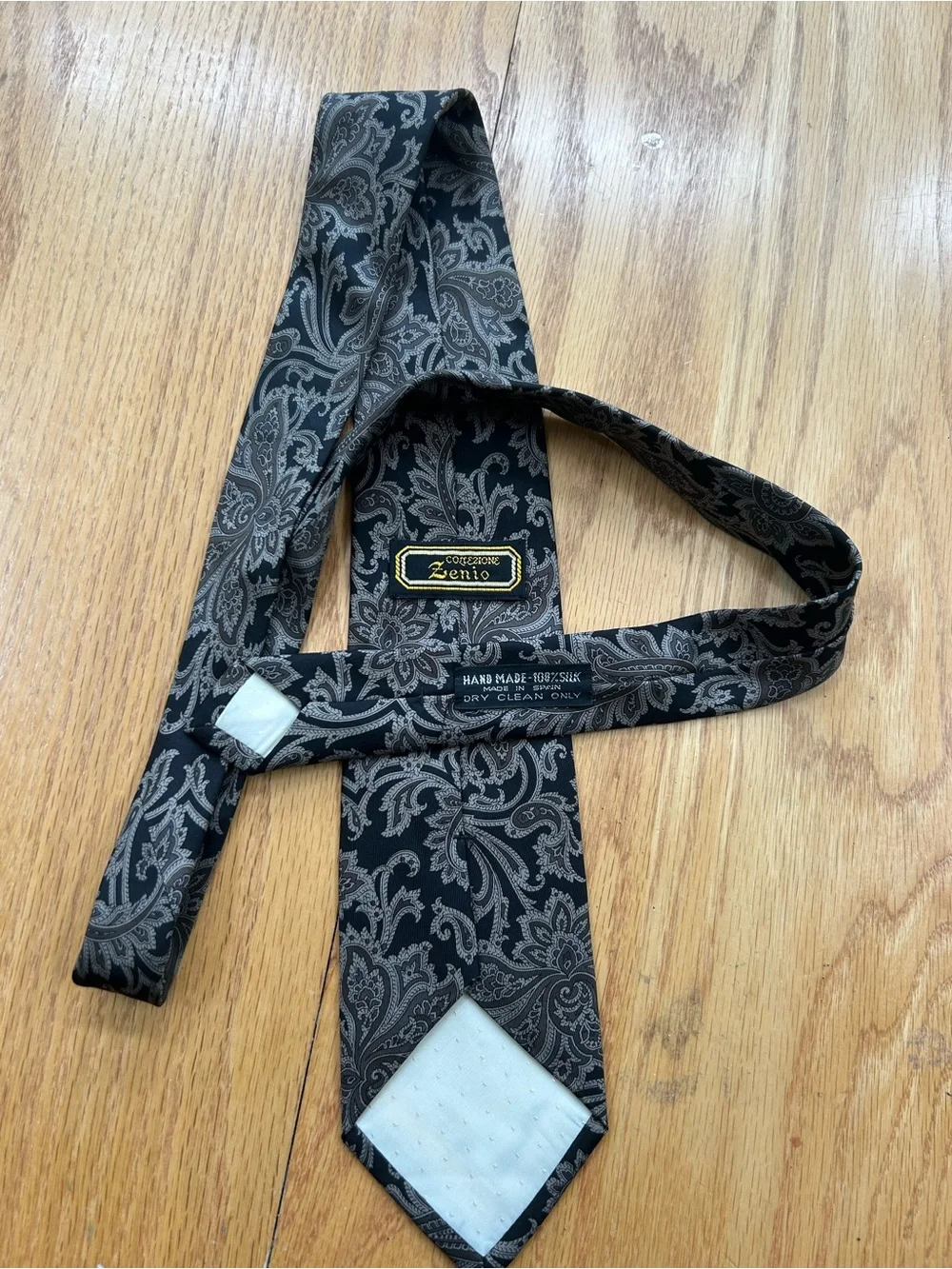 Collezione Zenio Silk Tie Mens Paisley Necktie Black Gray Handmade Spain Vintage